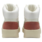 A rear view of a pair of white Gola high-top sneakers with red accents.