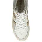 A top-down view of a white Gola high-top sneaker with tan stripes and white laces.