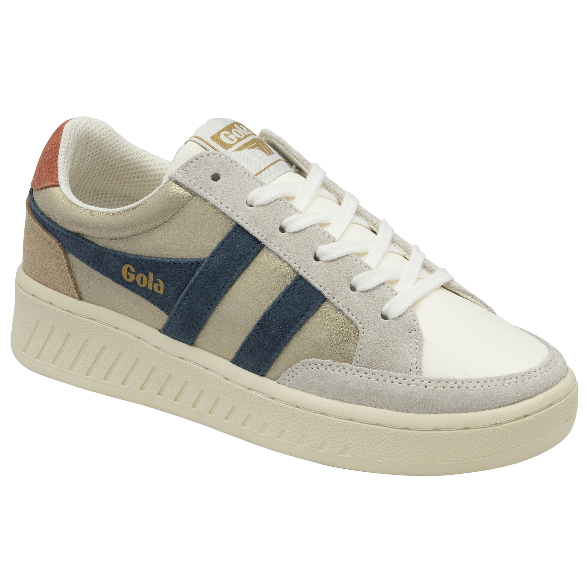 Side profile of a Gola shoe with white laces. It is white, cream, beige with blue stripes.