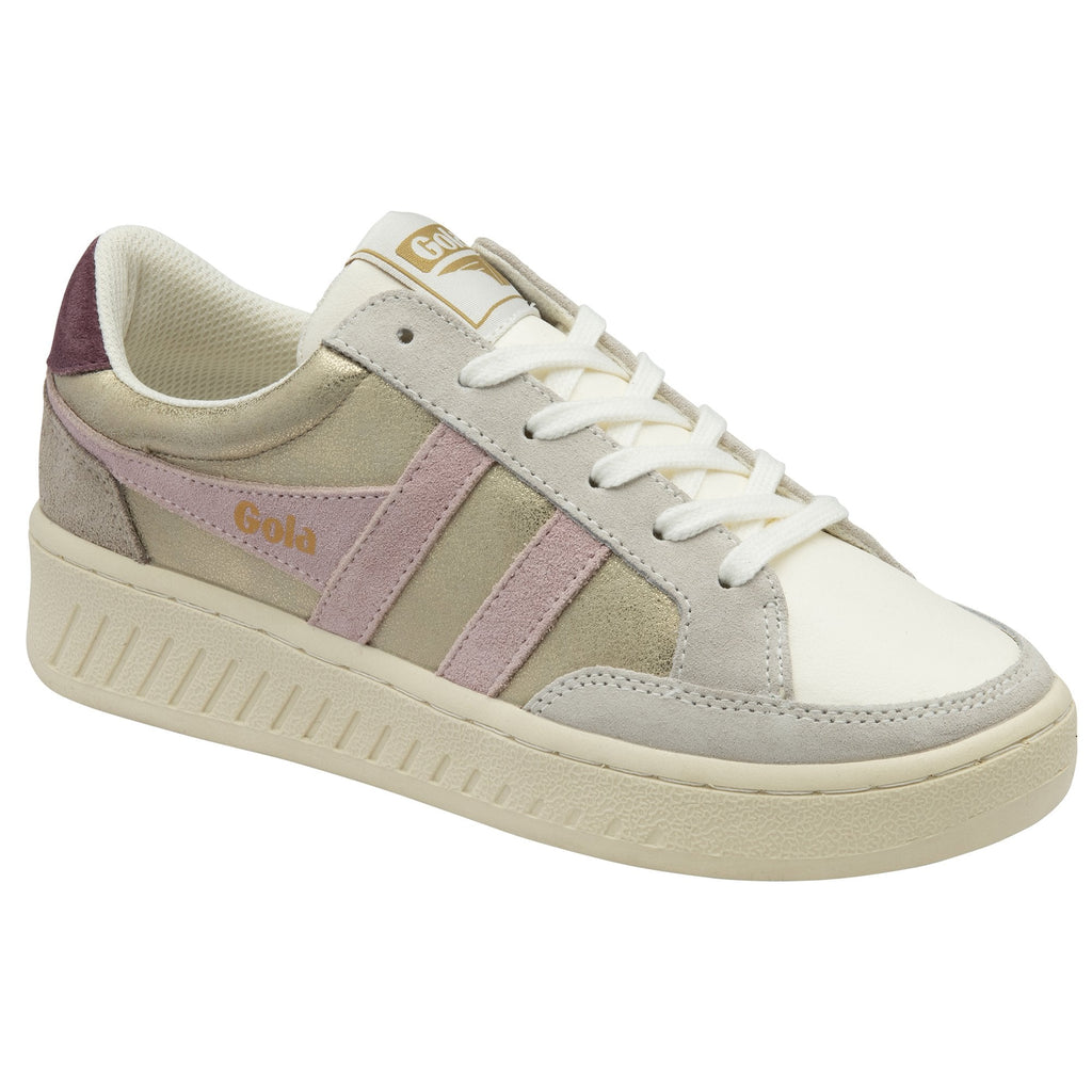 A single Gola low-top sneaker in gold, white, and pink, angled to the left.