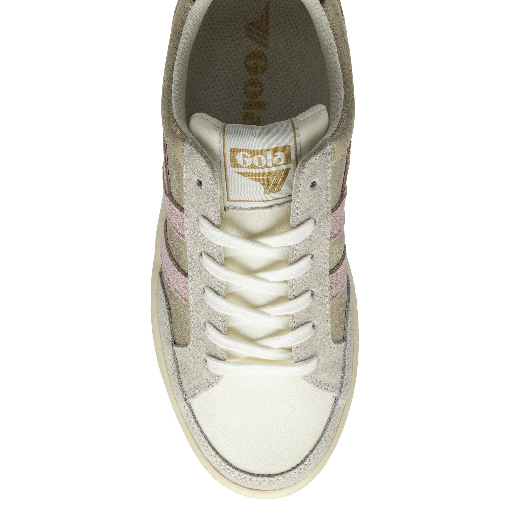 The top-down view of a single Gola low-top sneaker in gold, white, and pink.