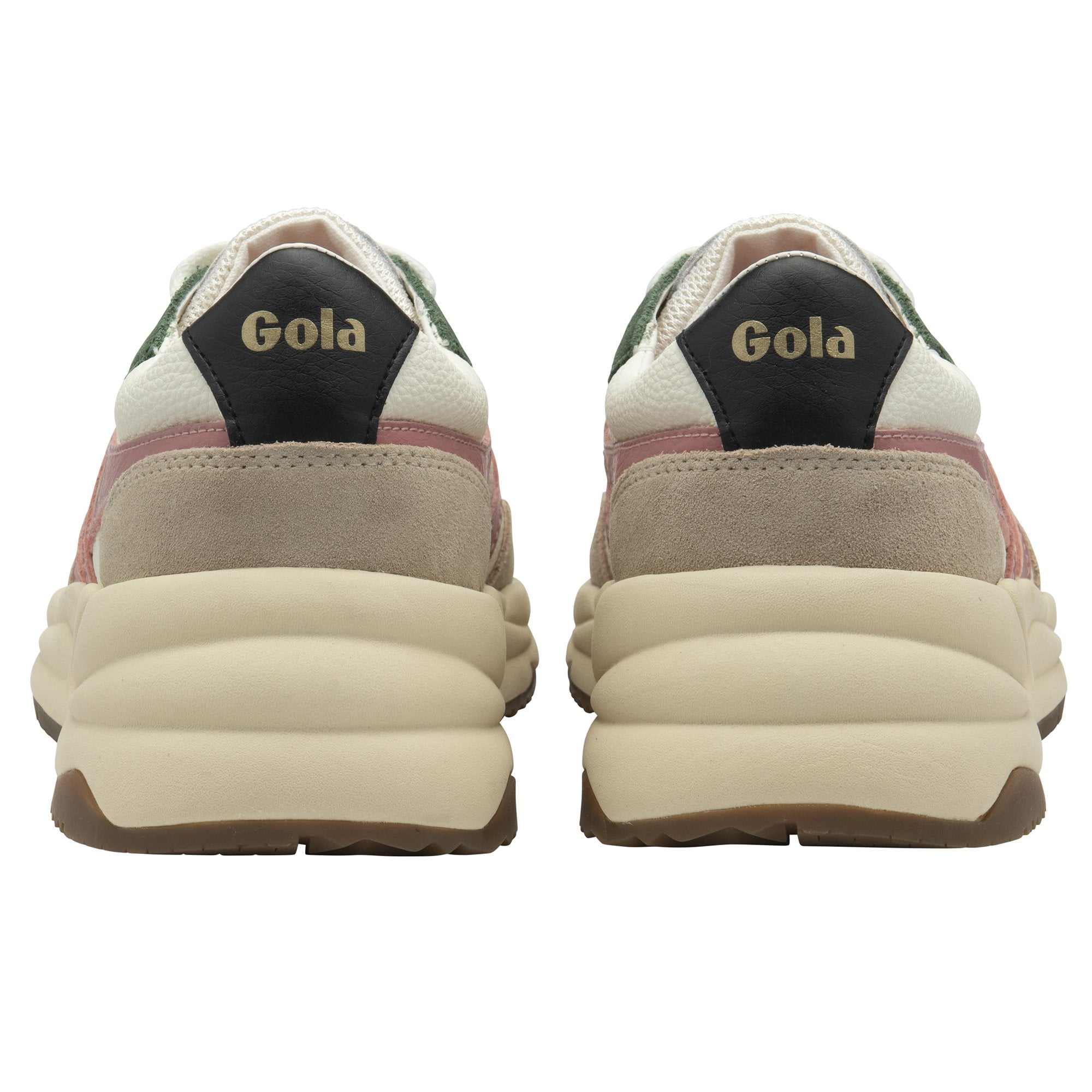 A rear view of a pair of Gola women's trainers in cream, beige, and grey with white laces.