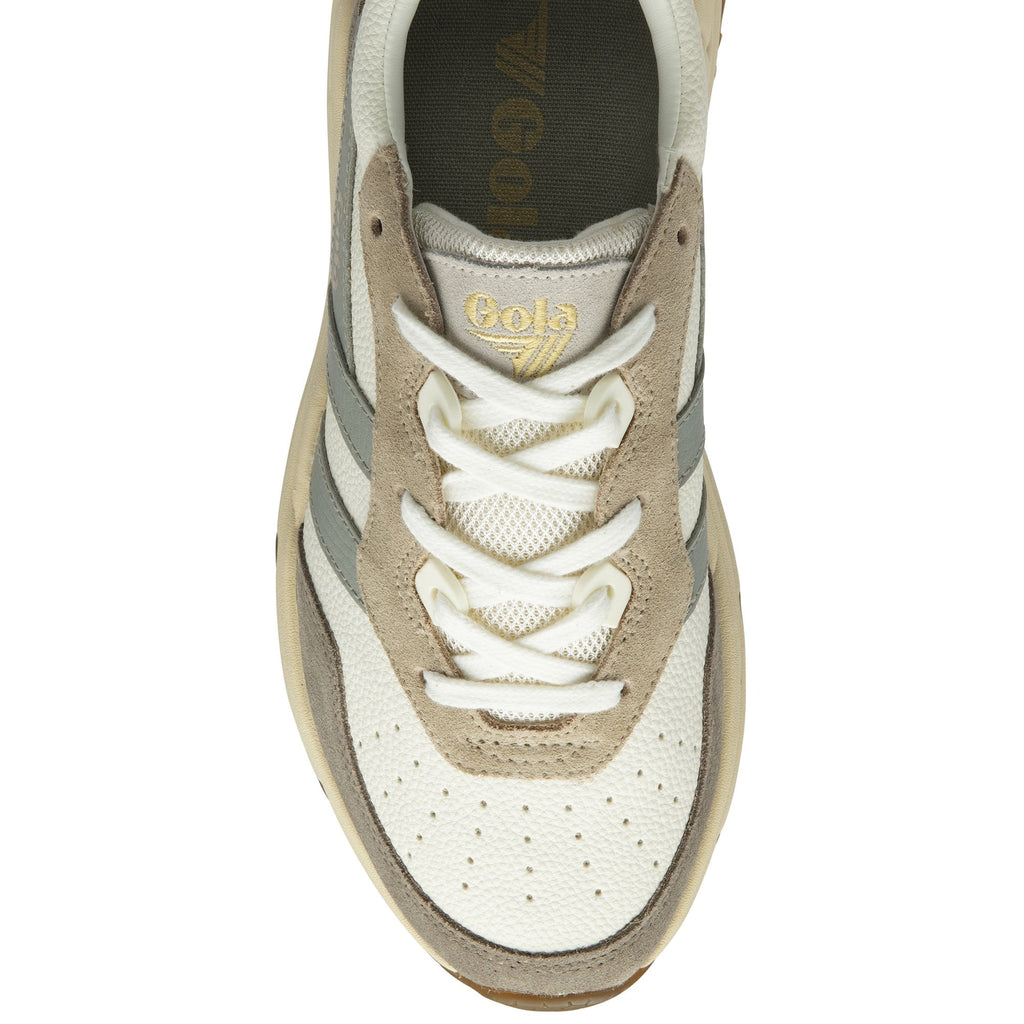 A top view of the Gola women's trainer in cream, beige, and grey with white laces.