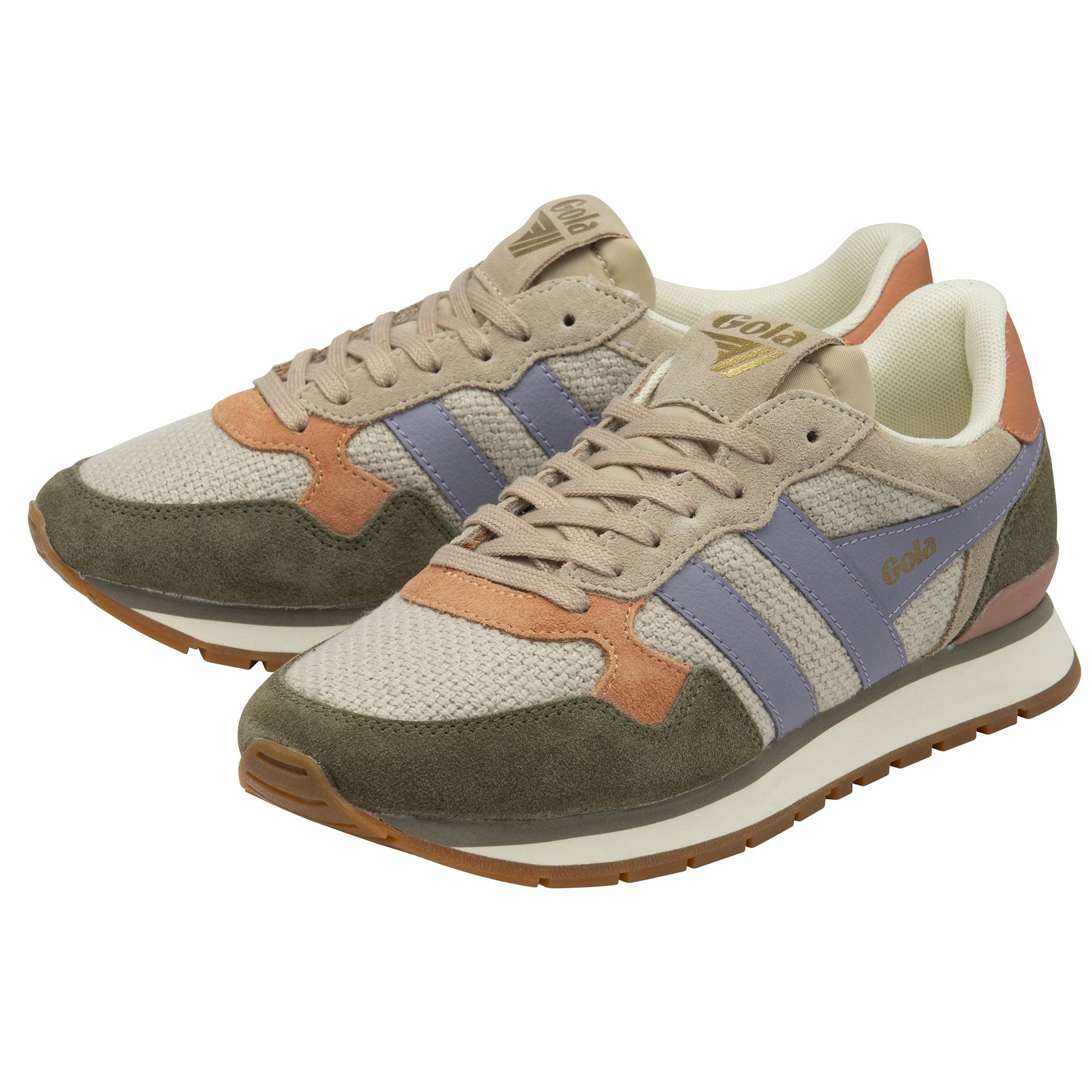 Pair of Gola women's trainers in beige, purple, and green, with subtle branding details.