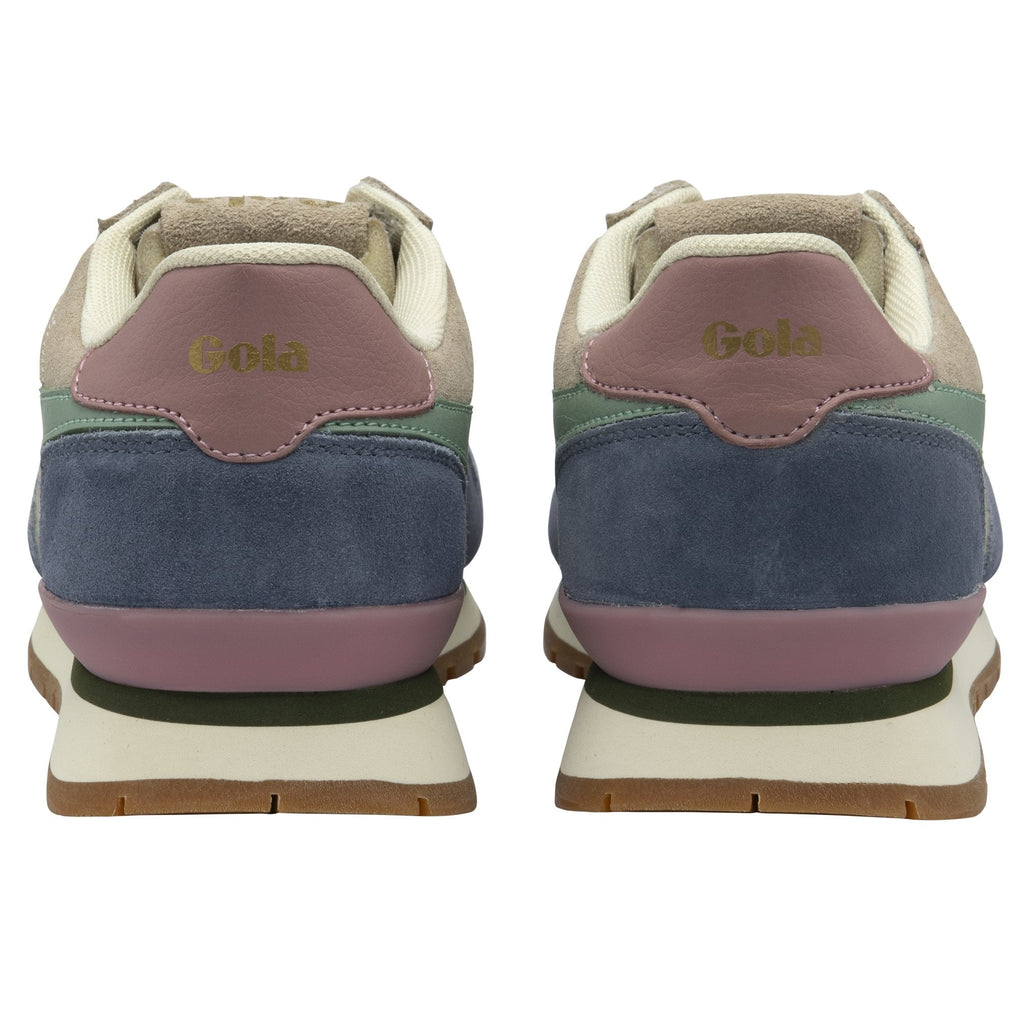 A pair of Gola women's trainers, shown from the back, in blue, green, and pink.