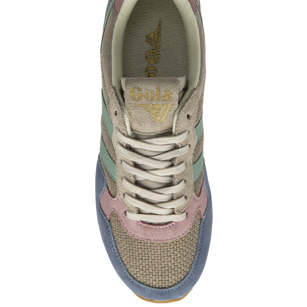 A single Gola women's trainer, shown from above, in blue, green, and pink.