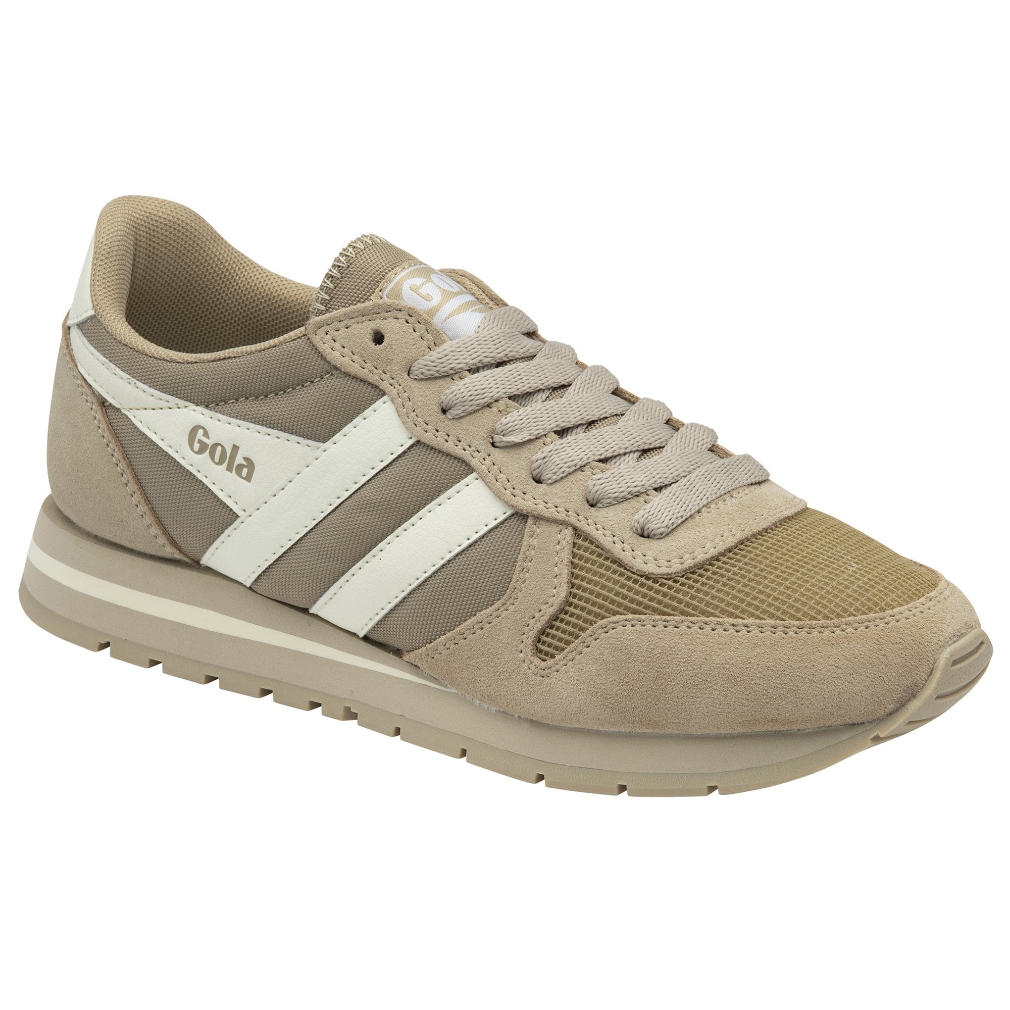Angled view of a Gola men's sneaker in tan with white stripes.
