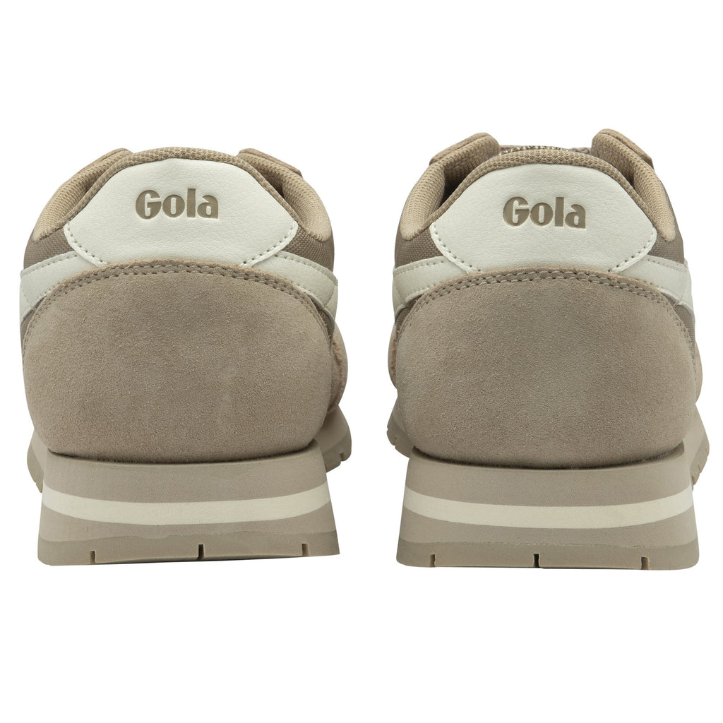 Rear view of two Gola men's sneakers in tan with white stripe.