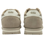 Rear view of two Gola men's sneakers in tan with white stripe.