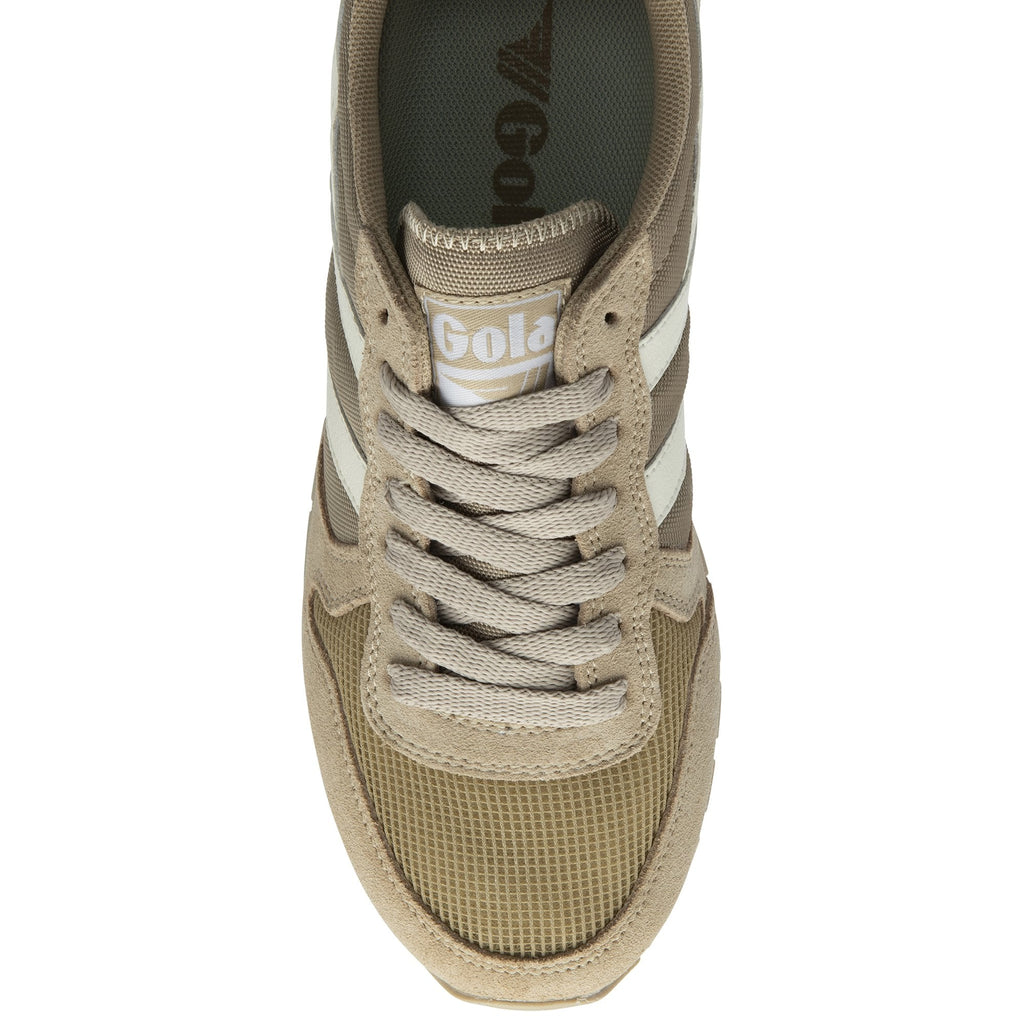 Top-down view of a Gola men's sneaker in tan with white stripes.