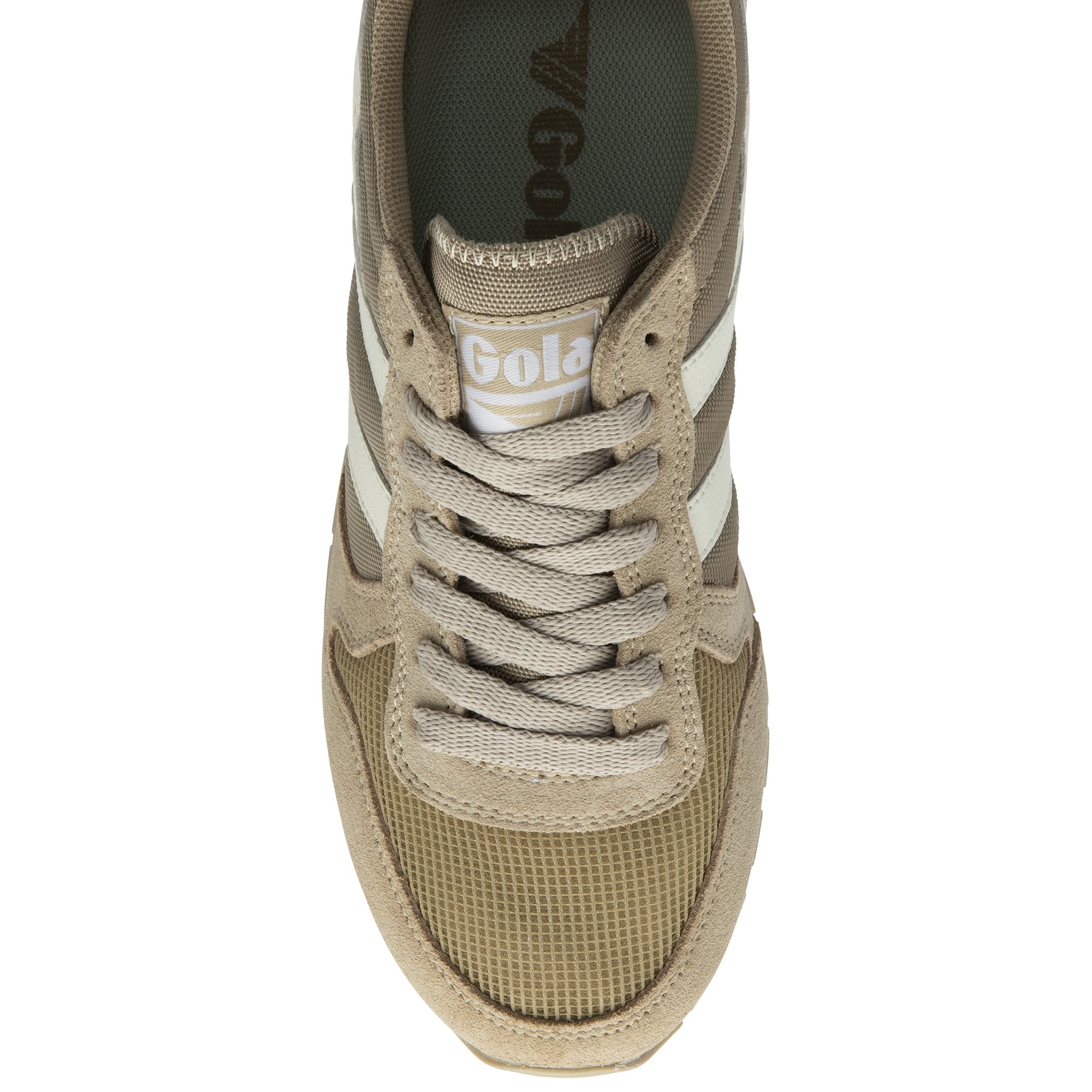 Top-down view of a Gola men's sneaker in tan with white stripes.