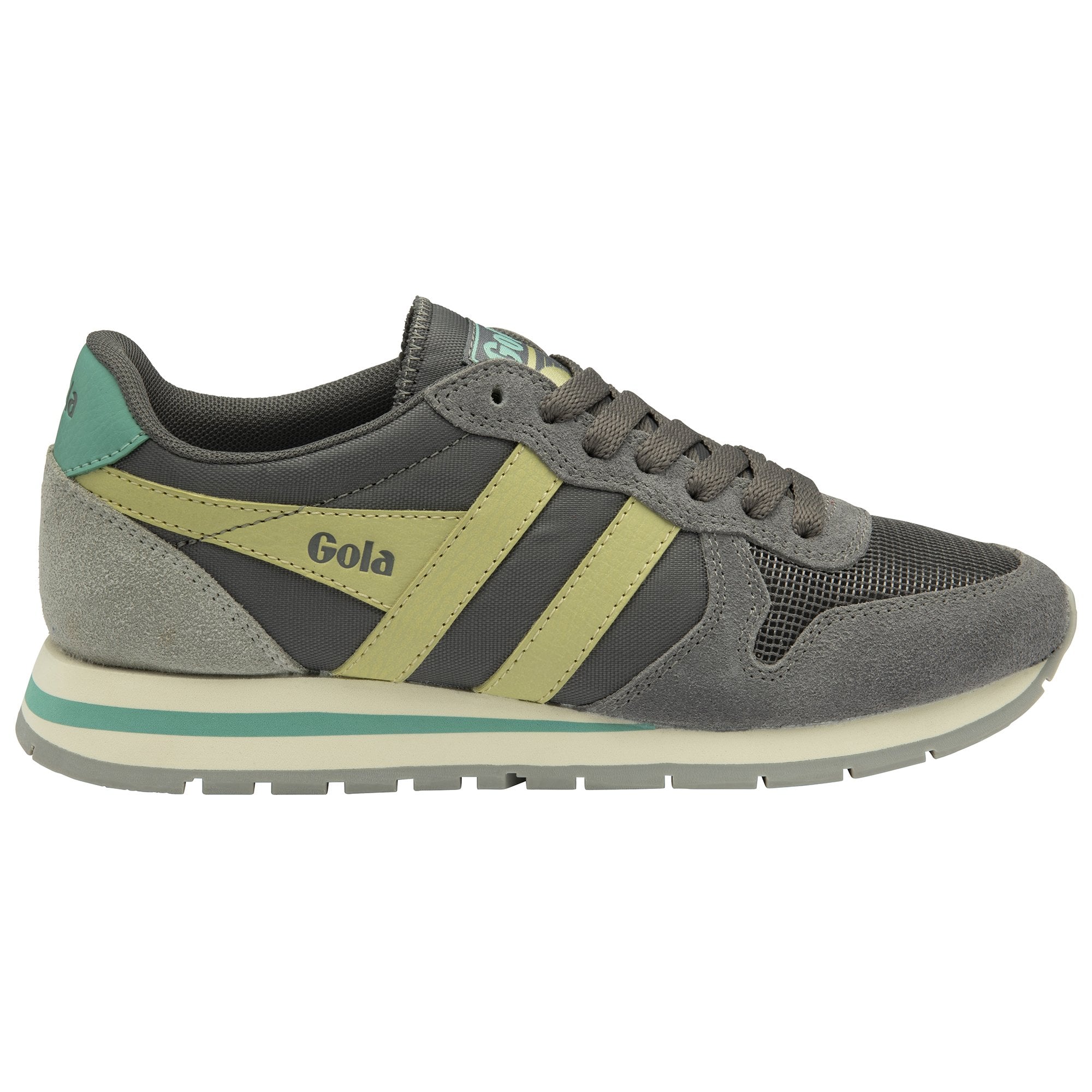 A single Gola men's sneaker in grey with green stripes on a white background.