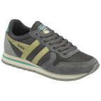 A single Gola men's sneaker in grey with green stripes positioned at an angle.