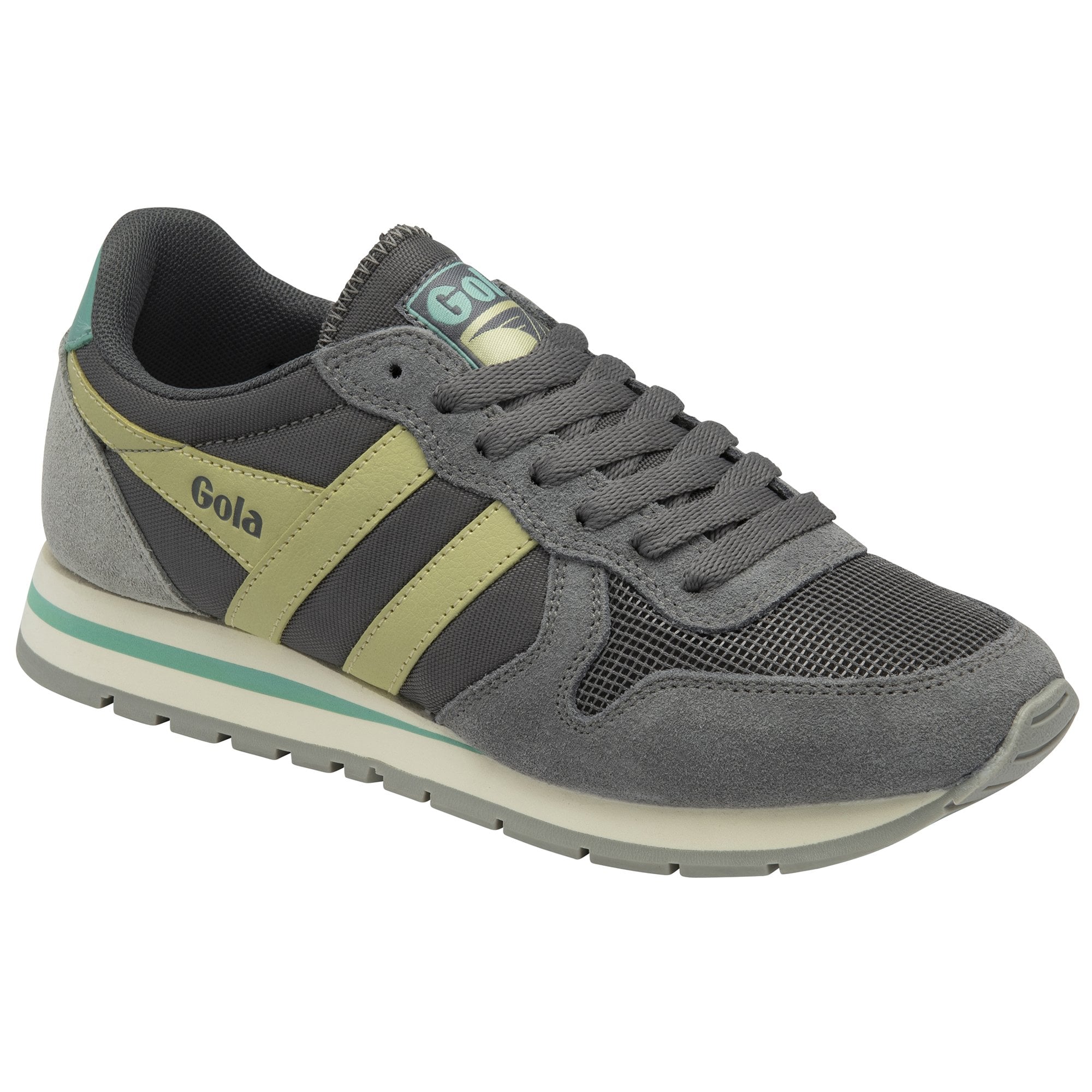 A single Gola men's sneaker in grey with green stripes positioned at an angle.