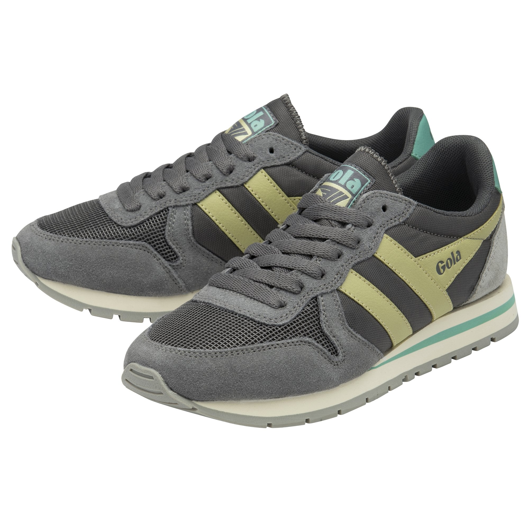 A pair of Gola men's sneakers in grey with green stripes at an angle.