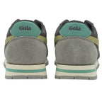 The back of two Gola men's sneakers in grey with green accents and logos.