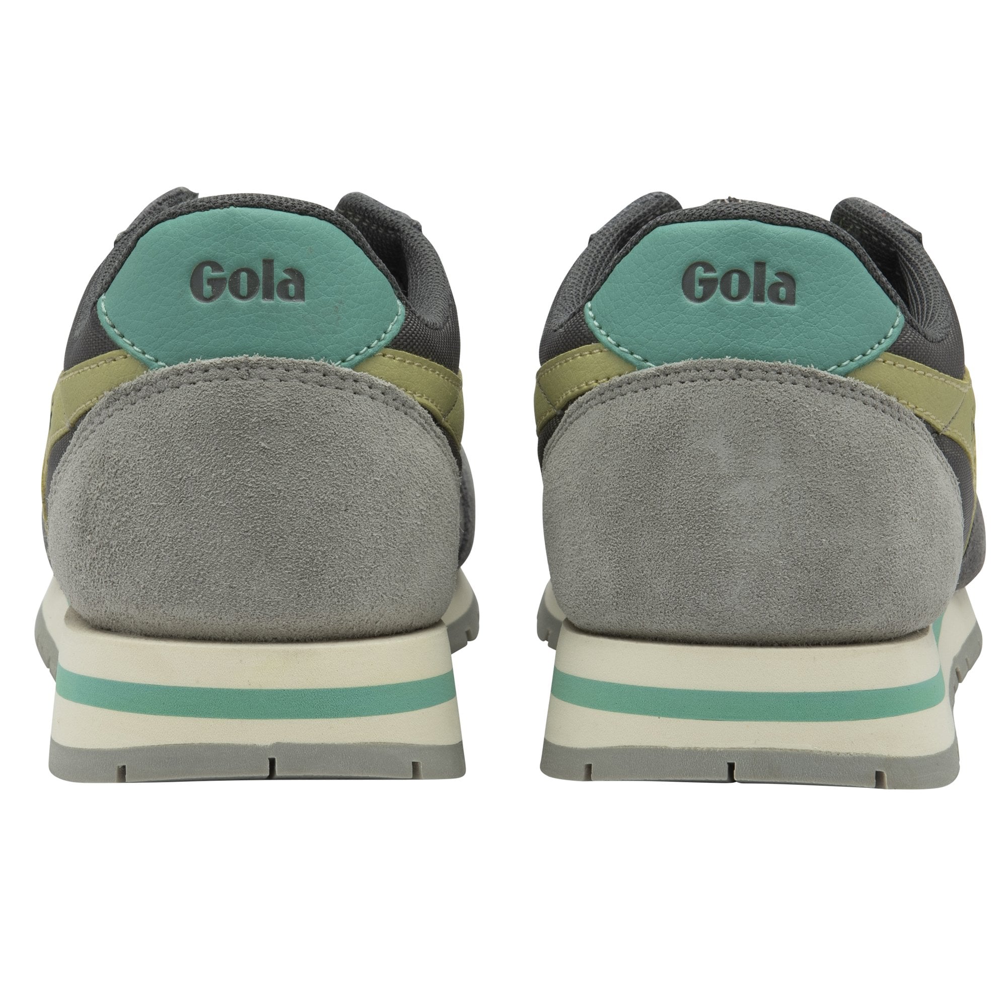 The back of two Gola men's sneakers in grey with green accents and logos.
