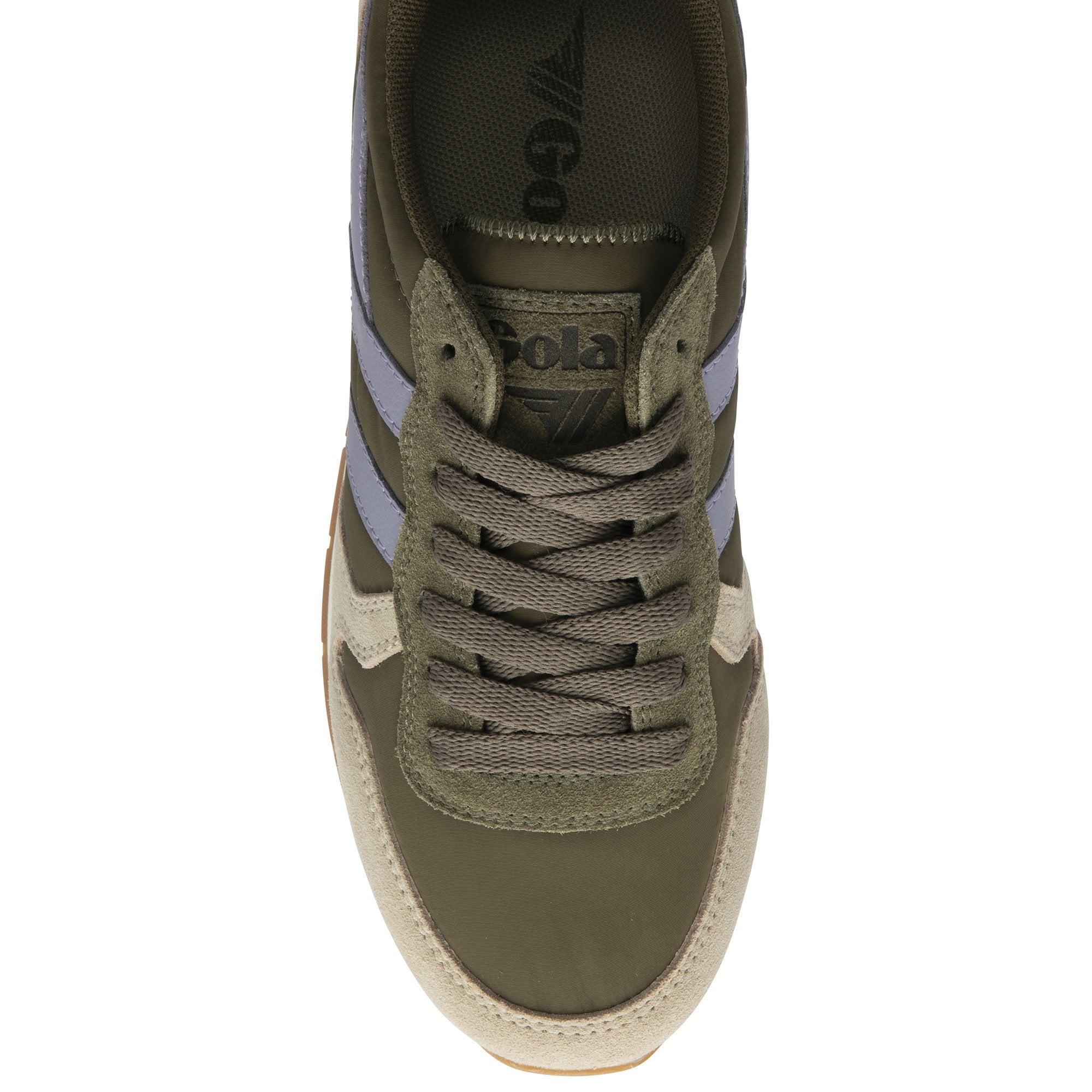 Top-down view of a khaki Gola sneaker with purple and beige accents and khaki laces.
