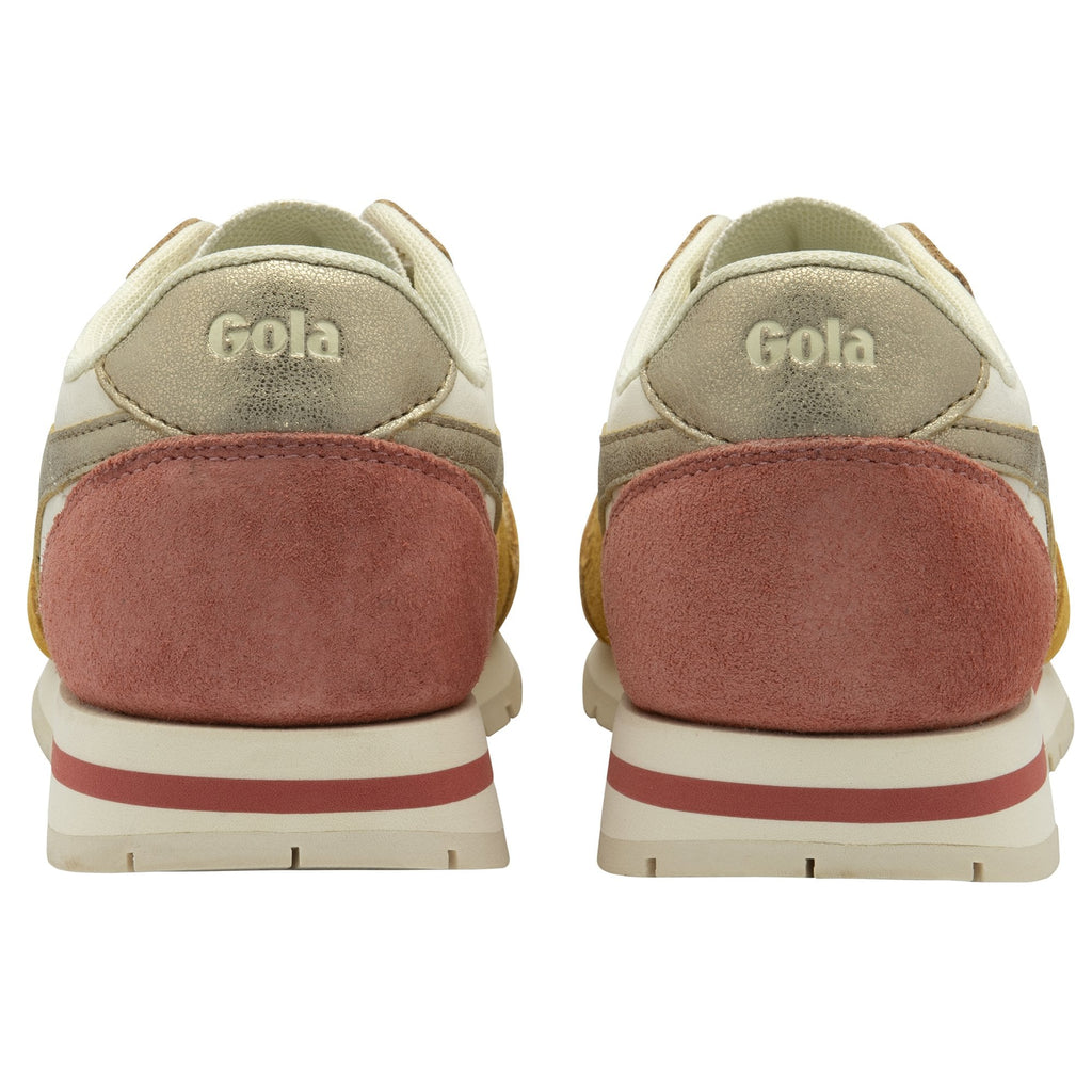 The heels of two white, gold, and red Gola sneakers.