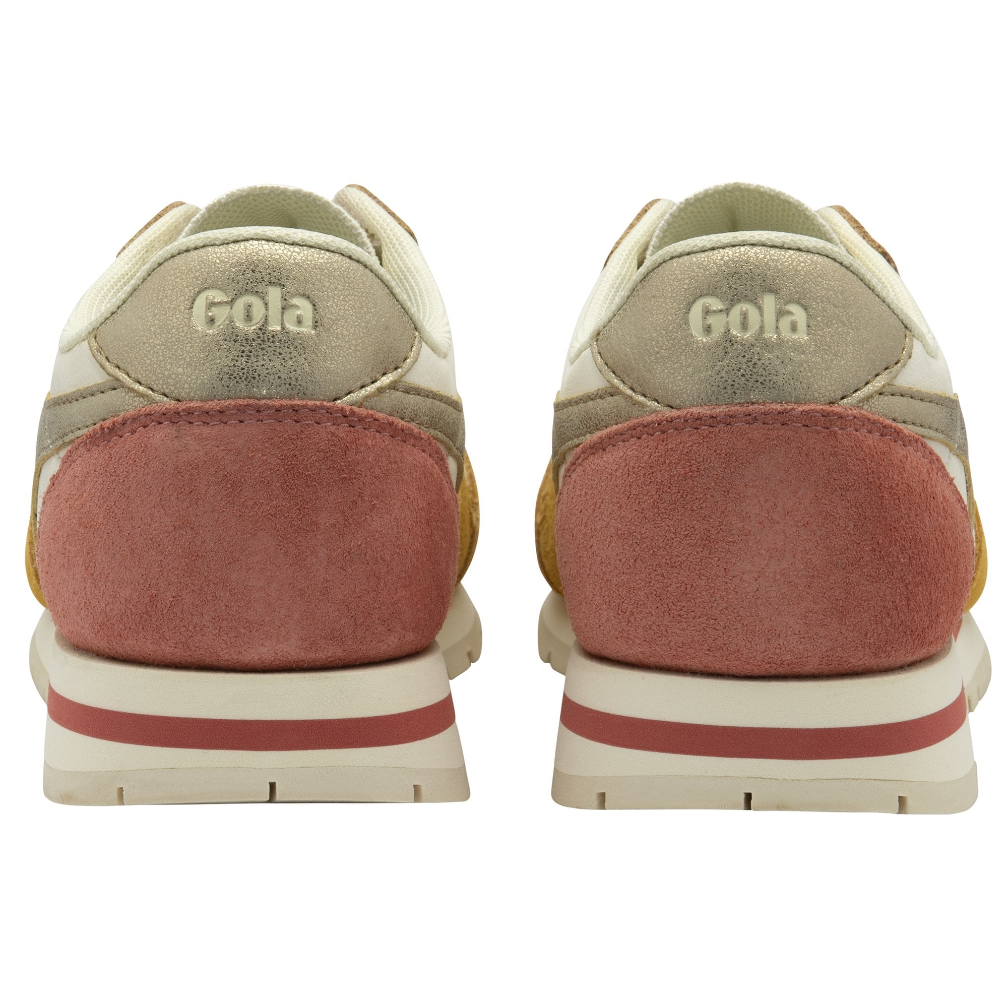 The heels of two white, gold, and red Gola sneakers.