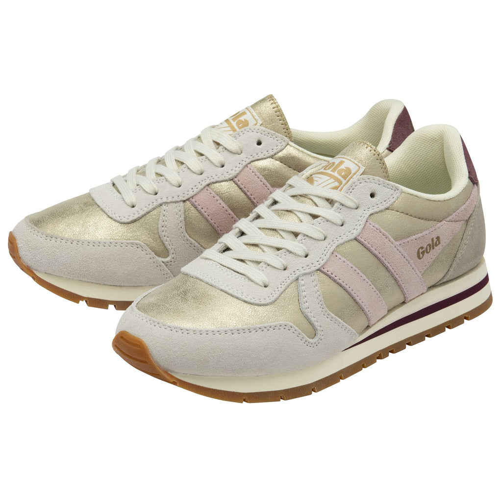 A pair of Gola women's Orchid Trainer in white, metallic, and pink on a white background.