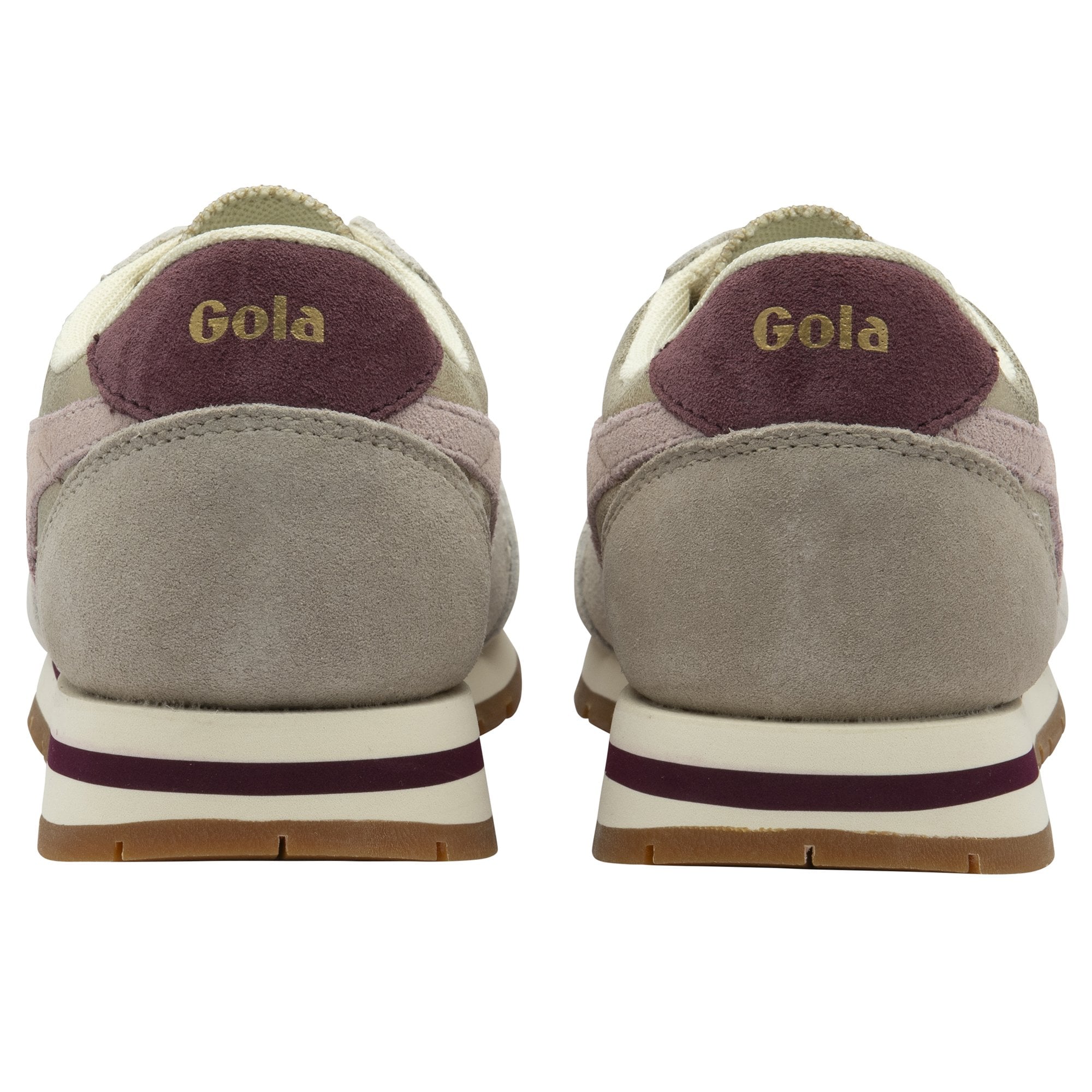 A pair of Gola women's Orchid Trainer in white, metallic, and pink from the back on a white background.