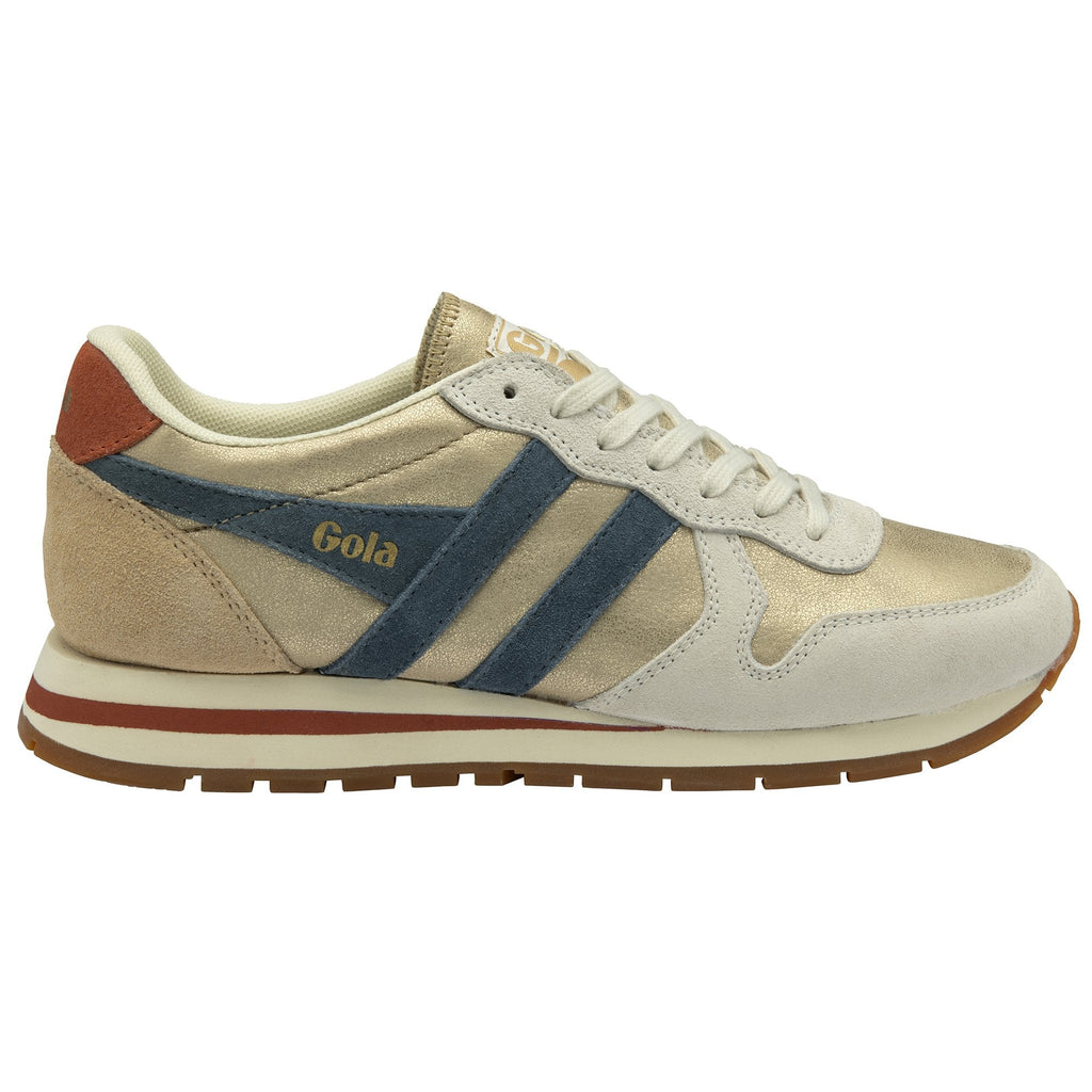A single Gola women's trainer, in gold, beige, and blue, viewed from the side.