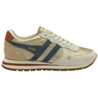 A single Gola women's trainer, in gold, beige, and blue, viewed from the side.