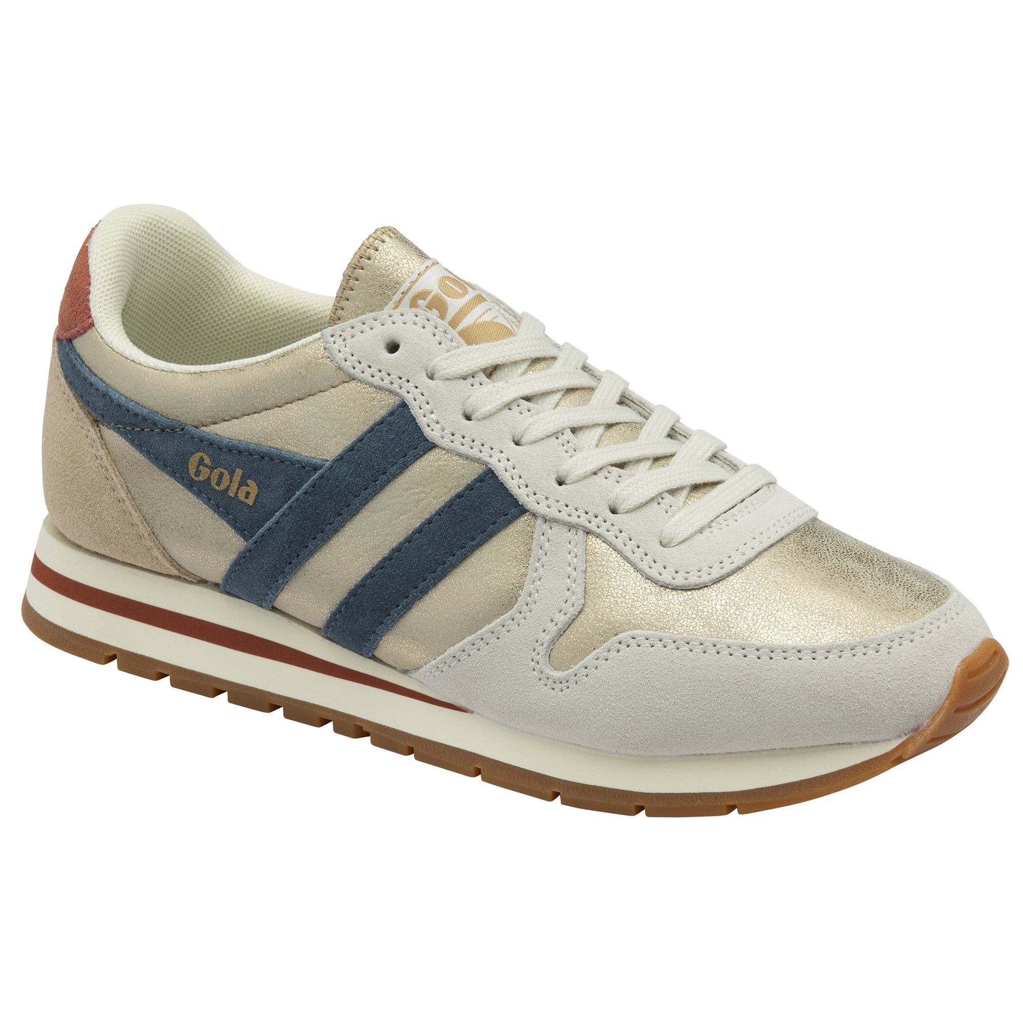 A single Gola women's trainer, in gold, beige, and blue, viewed from a high angle.