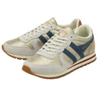 Pair of Gola Daytona sneakers in gold, off-white, and blue with a red stripe on the sole