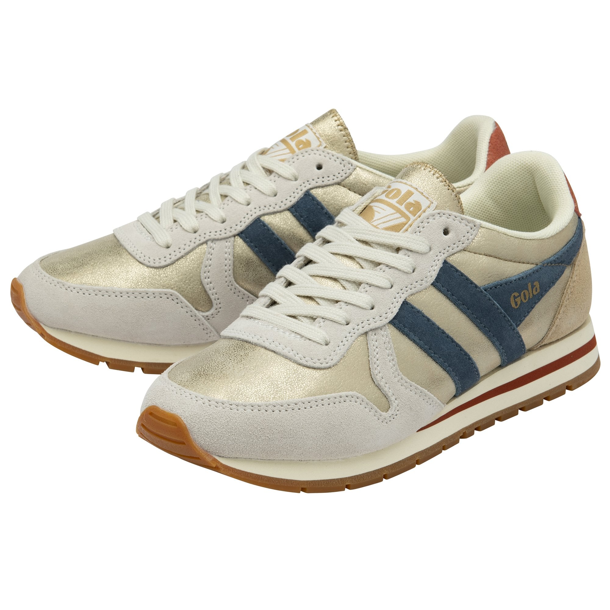 A pair of Gola women's trainers in gold, beige, and blue, viewed from a high angle.