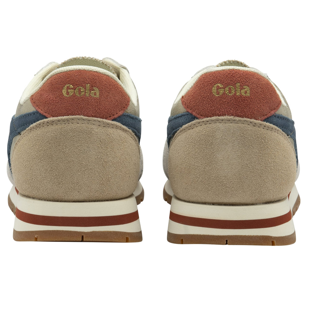 Rear view of two Gola sneakers with beige suede, blue accents, and a rust-colored heel tab
