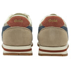 Rear view of two Gola sneakers with beige suede, blue accents, and a rust-colored heel tab