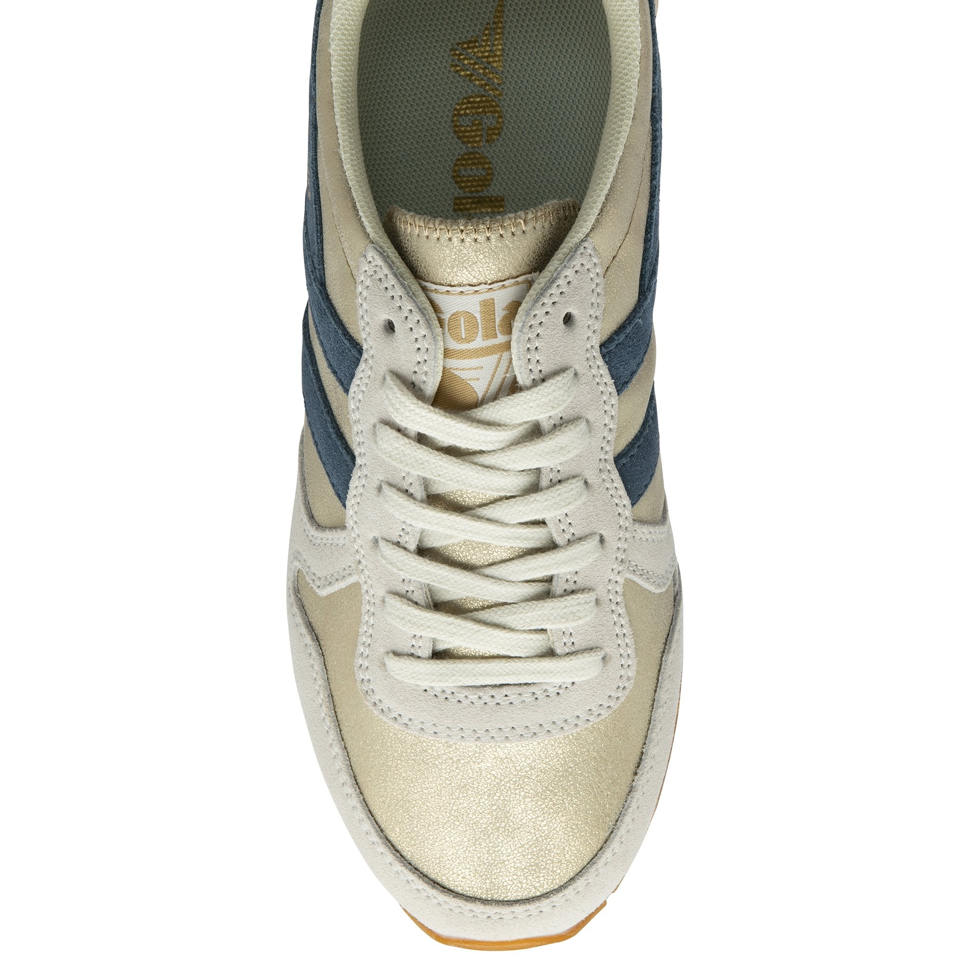 A single Gola women's trainer, in gold, beige, and blue, viewed from above.