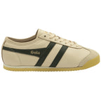 Side view of a single Gola Harrier trainer in off-white with dark green stripes.
