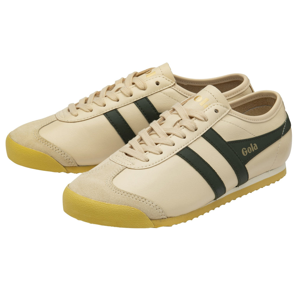 Pair of Gola Harrier trainers in off-white with dark green stripes.