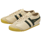 Pair of Gola Harrier trainers in off-white with dark green stripes.