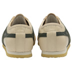 Rear view of a pair of Gola Harrier trainers in off-white with dark green stripes.