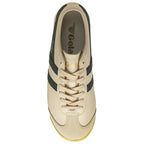 Top-down view of a single Gola Harrier trainer in off-white with dark green stripes.