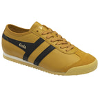 Left side view of a Gola shoe in mustard color with black stripes and logo. Available in size 9.