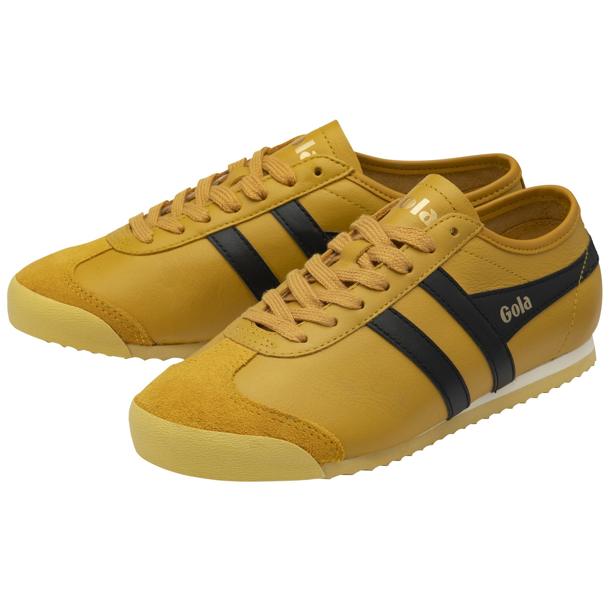 A pair of Gola shoes in mustard with black stripes and logo. Available in size 9.