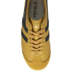 Top view of a Gola shoe in mustard color with black stripes and logo. Available in size 9.