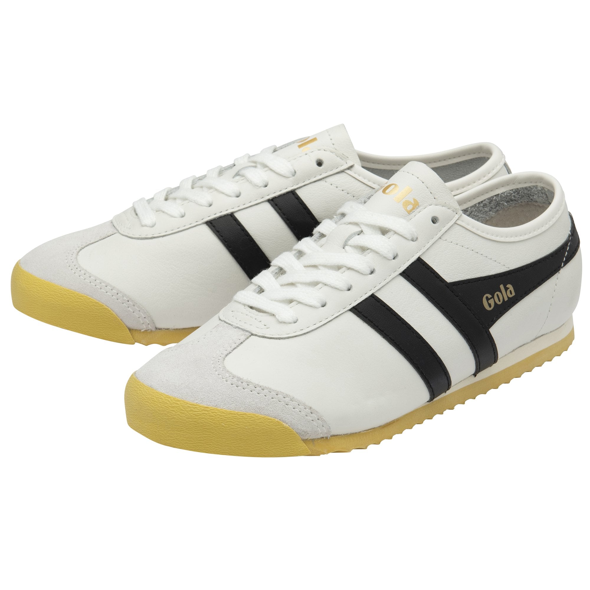 A pair of white Gola sneakers with black stripes and tan soles, positioned together.