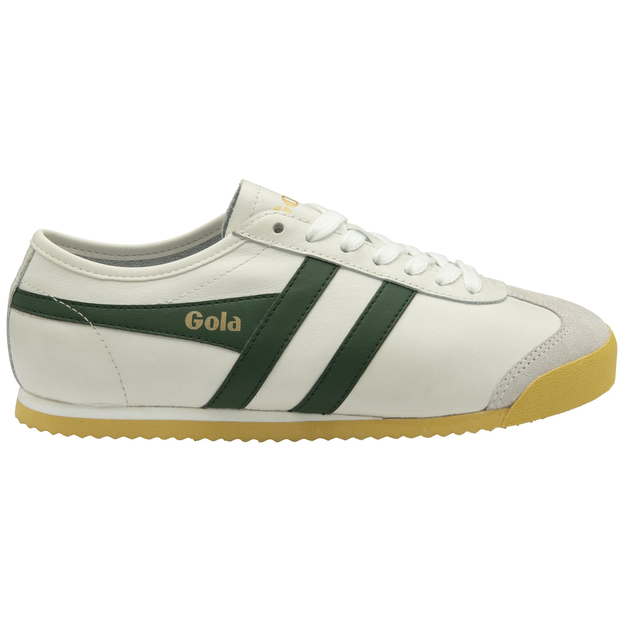 A white and green Gola sneaker with a yellow sole, side view.
