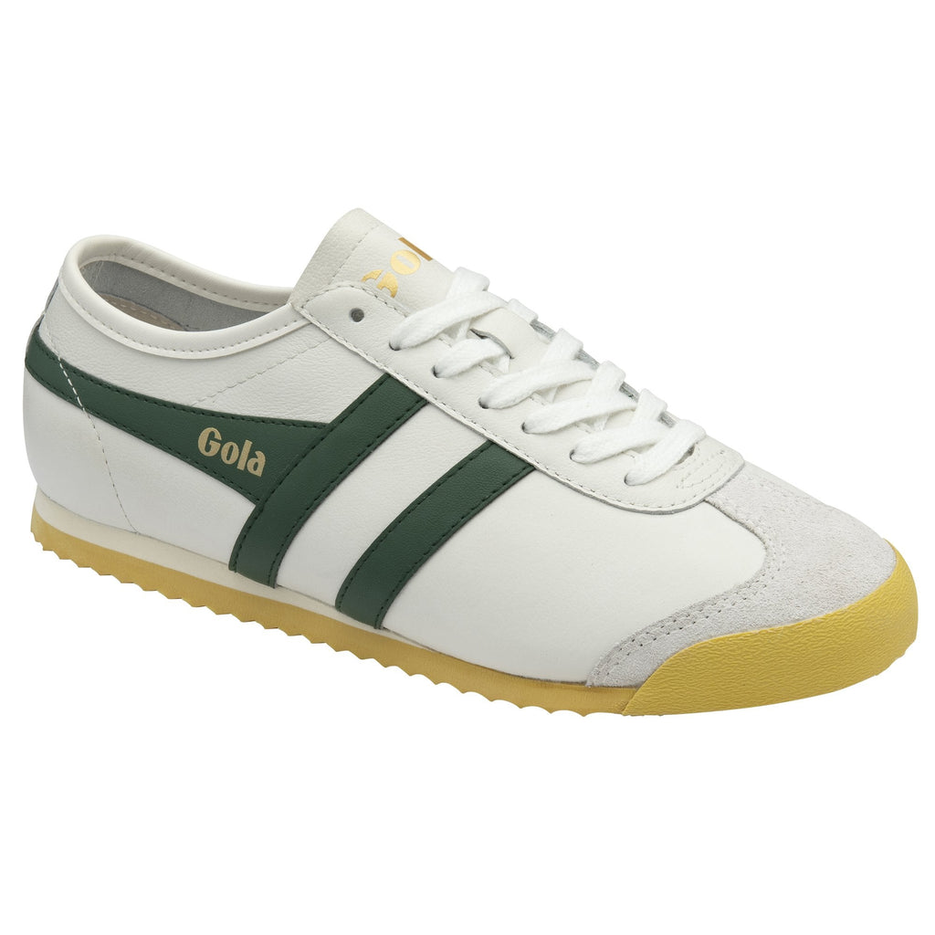 A white and green Gola sneaker with a yellow sole, angled front view.