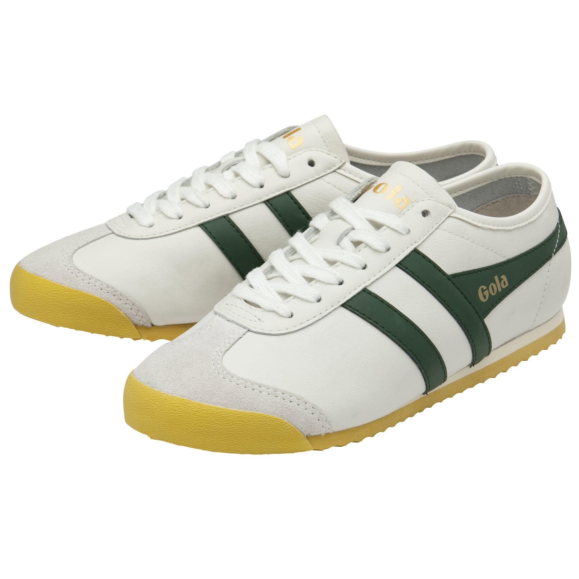 A pair of white and green Gola sneakers with yellow soles, angled front view.
