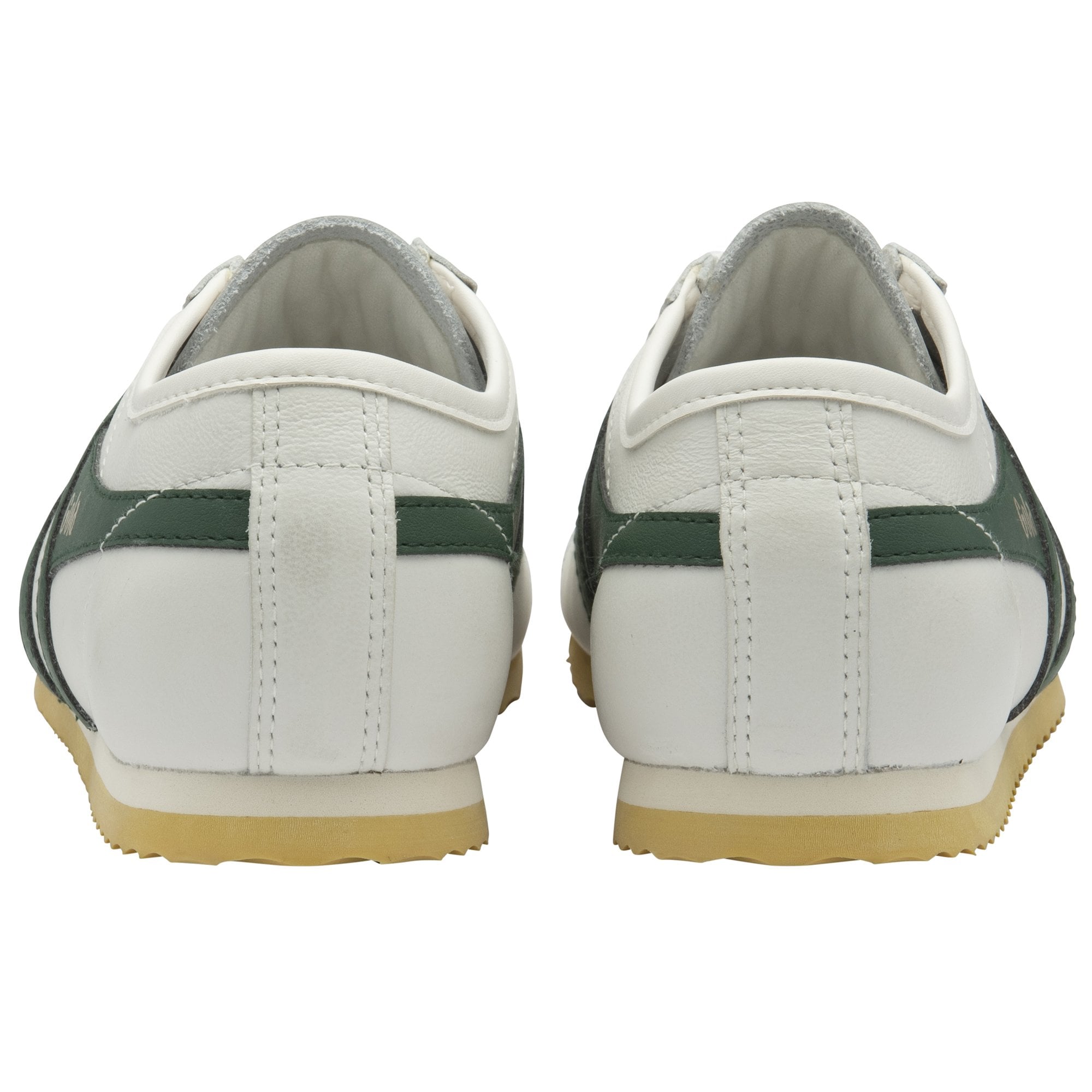 A pair of white and green Gola sneakers with yellow soles, back view.