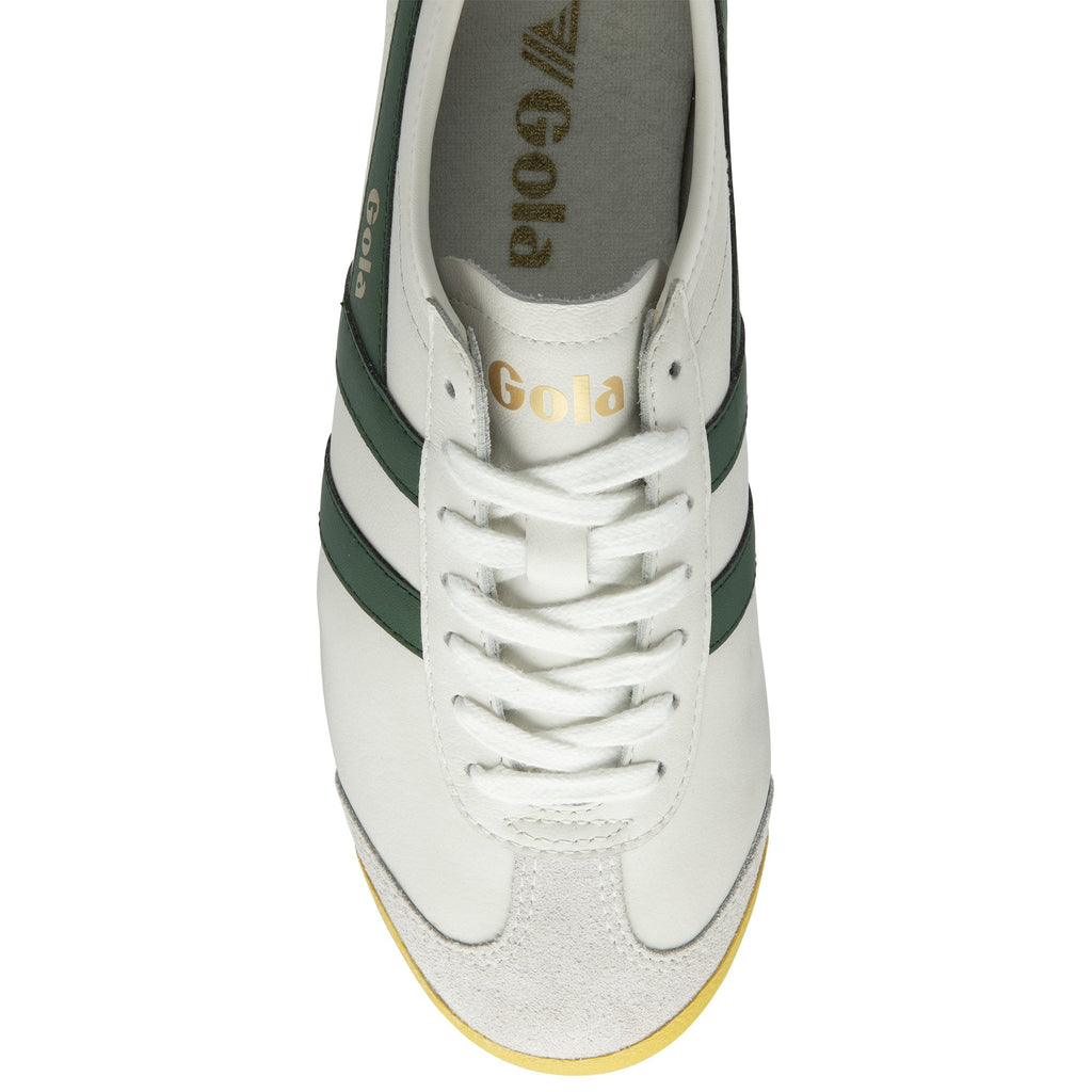 A white and green Gola sneaker with a yellow sole, top down view.