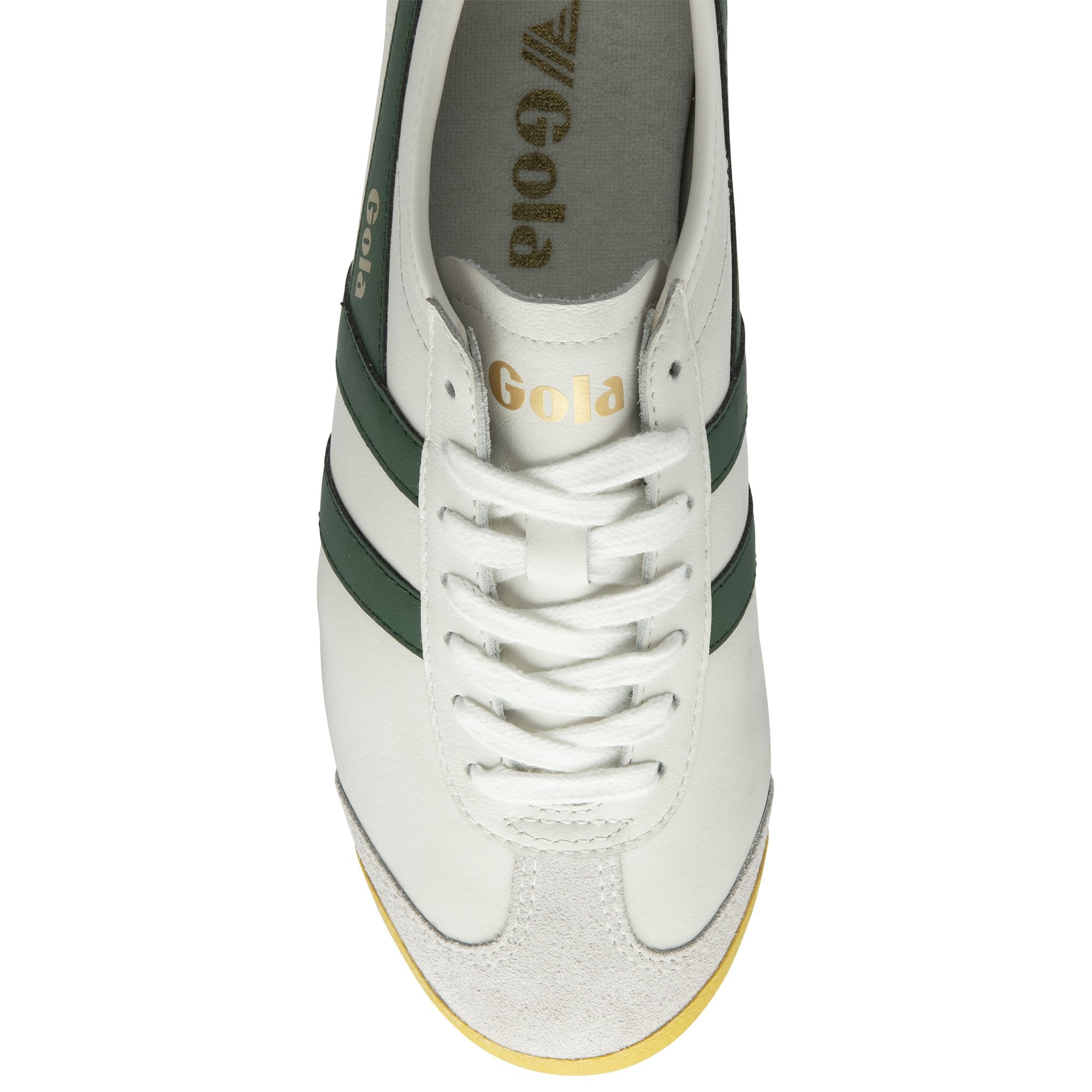 A white and green Gola sneaker with a yellow sole, top down view.