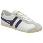 White Gola Bullet trainers with two purple stripes on the side.